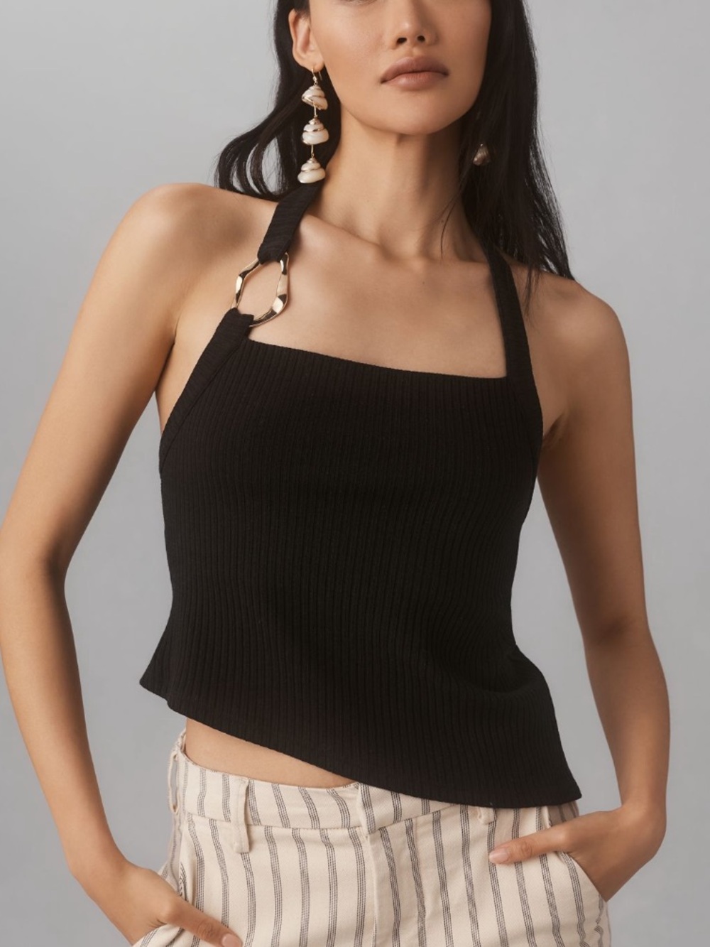 Reformation Ramona Black Ribbed Halter Tank Top with Ring Detail